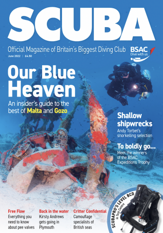 SCUBA magazine cover from June 2022 showing a diver and headlines from the magazine